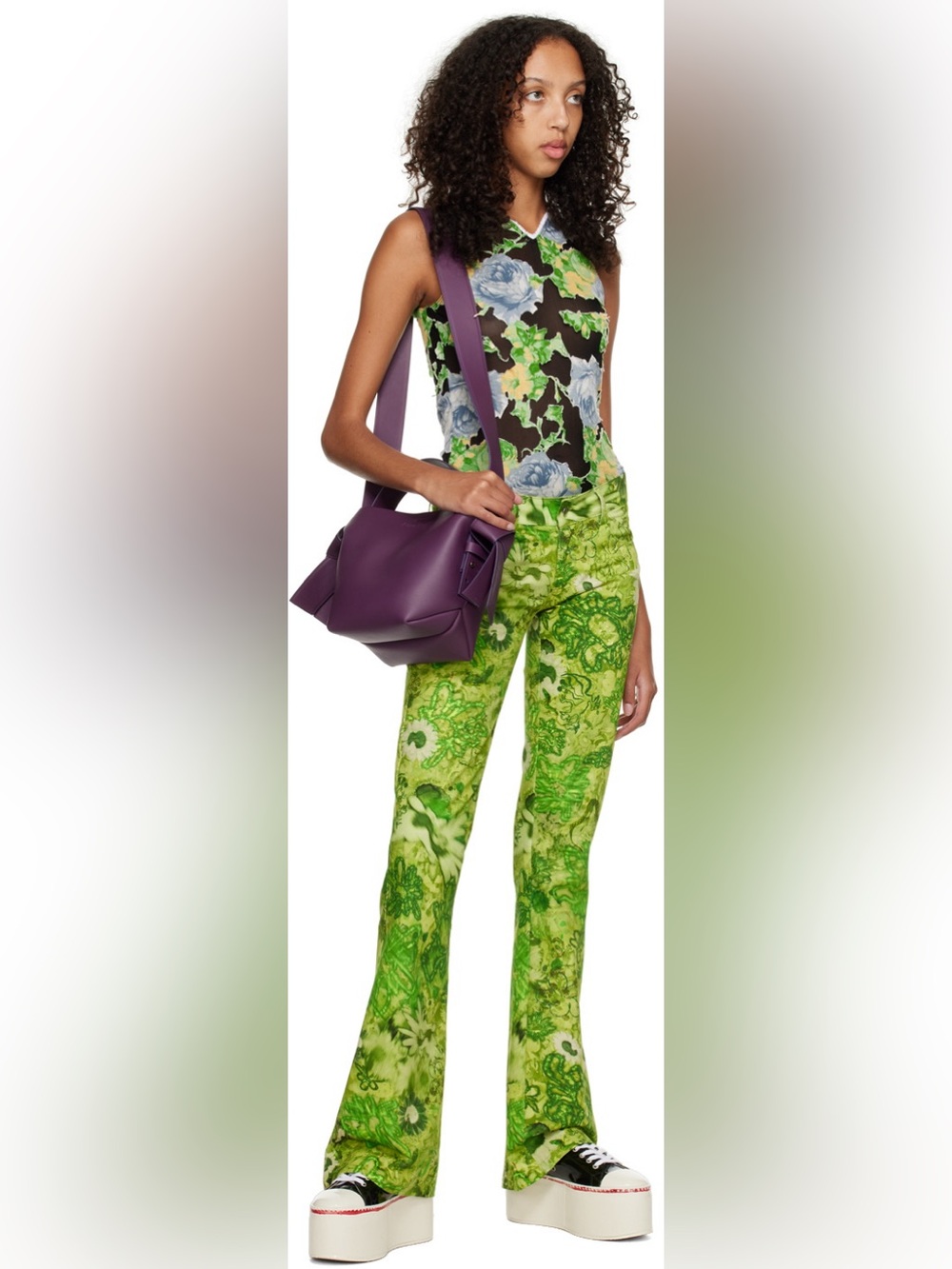 Collina Strada Puddle Flare Pants green psychedelic floral dopamine cotton Y2K